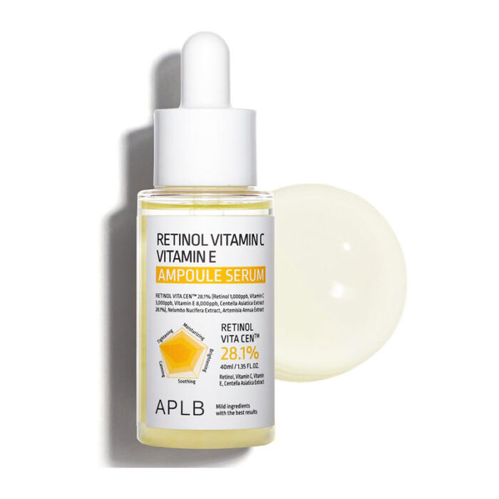 The 21.6% RETINOL VITA CEN™ serum combines Vitamin C, Vitamin E, Retinol, and Centella Extract to replenish dry skin with invigorating moisture, promote elasticity, and rejuvenate dull skin.Meanwhile, the C VITAMINE APLB serum, containing 21.8% Vitamin C, offers a gentle and hydrating effect, tightens pores, balances oil and water levels, soothes sensitive skin, and maintains a slightly acidic pH. Benefits: A serum contains 28.1% Retinol Vita CEN that gives refreshing moisture recharge to dry skin. Centella Asiatica Extract and Centella 3x Complex soothes and moisturizes sensitive skin from external environment. A method of applying formulation technology that protects retinol ingredients to reach the skin and absorb the active ingredients safely. Protect the skin from irritation with weak acidity close to healthy skin pH, cosmetic ingredient safety grade 1-2, and no fragrance contained. Ingredients: Water, Centella Asiatica Extract (28.1%), Butylene Glycol, Propanediol, Glycerin, Diethoxyethyl Succinate, Solanum Melongena (Eggplant) Fruit Extract, Melaleuca Alternifolia (Tea Tree) Leaf Extract, Hydrolyzed Collagen, Beta-Glucan, Hippophae Rhamnoides Fruit Extract, Nelumbo Nucifera Extract, Artemisia Annua Extract, Oryza Sativa (Rice) Extract, Saccharomyces Ferment, Retinol (1,000ppb), Glycine Soja (Soybean) Oil, BHT, Tocopheryl Acetate (8,000ppb), Ascorbic Acid (3,000ppb), Sodium Citrate, Madecassic Acid, Asiaticoside, Asiatic Acid, Squalane, Dipropylene Glycol, 1,2-Hexanediol, Panthenol, Sodium Polyacryloyldimethyl Taurate, Hydroxyacetophenone, Sodium Hyaluronate, Allantoin, Trideceth-10, Cellulose Gum, Disodium EDTA, Glyceryl Acrylate/Acrylic Acid Copolymer, Citric Acid, Gardenia Florida Fruit Extract, Xanthan Gum, Inulin, Cellulose, Glucose, Fructose, Dipotassium Glycyrrhizate, Dextrin How to Use: Dispense a moderate amount of product on the face and pat gently for better absorption.